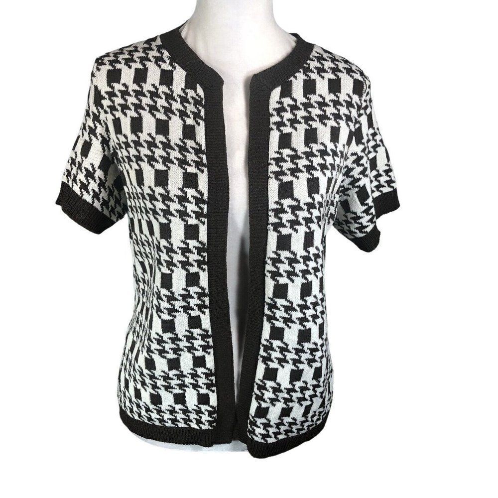 Vtg 50s Short Sleeve Open Front Cardigan Sweater M Brown Cream Geo Mrs Maisel